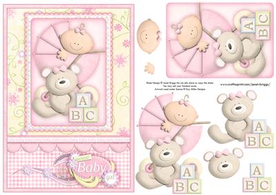 Baby Girl in Pram & Teddy Decoupage