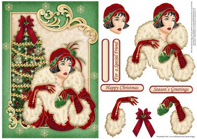Art Deco Lady with Christmas Tree Red & Gold