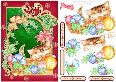 Christmas Kitten in Basket Topper & Decoupage