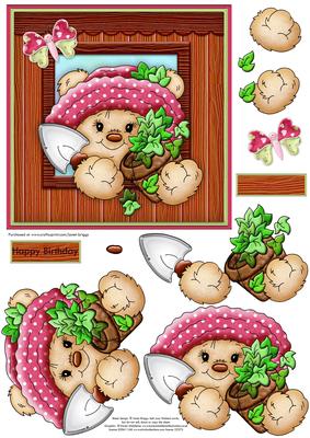 Gardening Bear in Potting Shed Topper & Decoupage