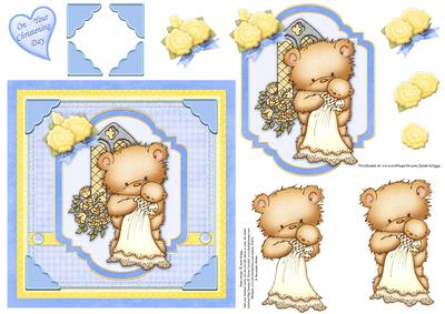 Christening Bear Boy & Roses Topper & Decoupage