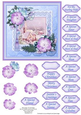 Christmas Rose Frame & Church in Blue