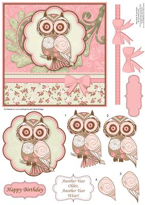 Another Year Older  -  Pink Owl Topper & Decoupage