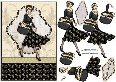 Vintage Shopping Lady in Black Topper & Decoupage