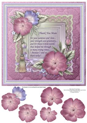Thank You Mum 8x8 Raspberry & Mint Florals Decoupage
