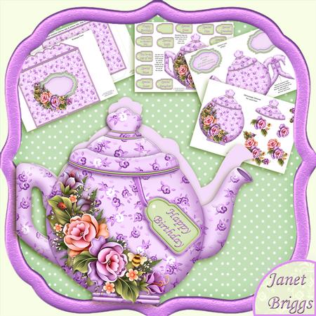 Teapot Shape Card Lilac Florals & Decoupage Card Kit
