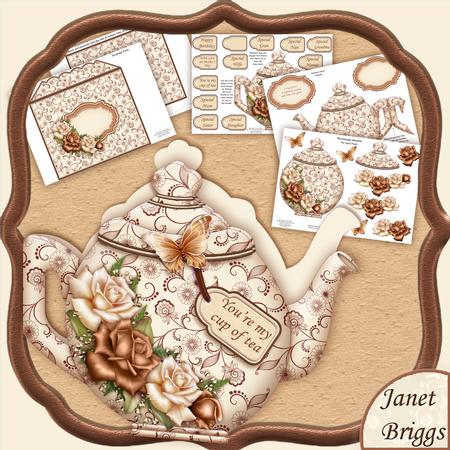 Teapot Shape Card Coffee Cream Roses & Decoupage Card Kit