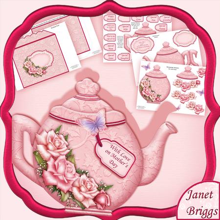 Teapot Shape Card Pink Roses & Decoupage Card Kit