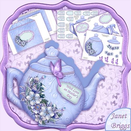 Teapot Shape Card Blue & Lilac Floral & Decoupage Card Kit