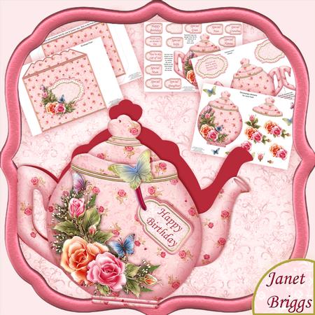 Teapot Shape Card Rosy Glow Decoupage Card Kit