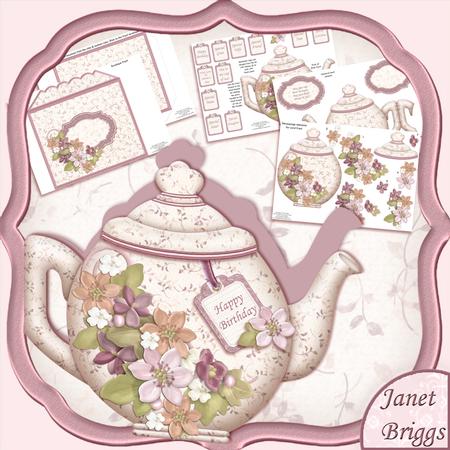 Teapot Shape Card Clematis Decoupage Card Kit