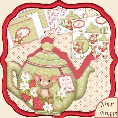 Teapot Shape Card Strawberries & Mouse Decoupage Kit