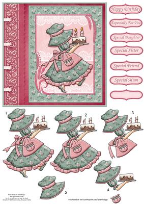 Bonnet Girl & Birthday Cake Card Topper & Decoupage