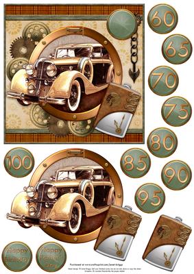 Steampunk Brown Gold Car with Ages Topper & Decoupage