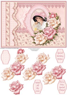 Vintage Lady & Pink Roses Topper & Decoupage