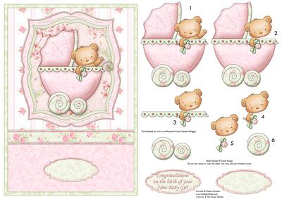 New Baby Girl Bear Pram Shabby Chic Topper & Decoupage