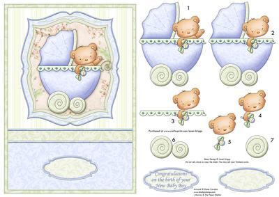 New Baby Boy Bear Pram Shabby Chic Topper & Decoupage
