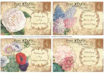 4 Floral Vintage Postcard Toppers