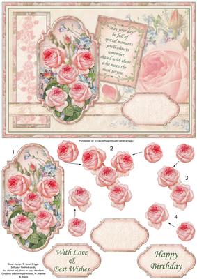 Vintage Pink Roses Birthday Card Topper & Decoupage