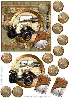 Steampunk Car on Map Birthday Card Topper & Decoupage