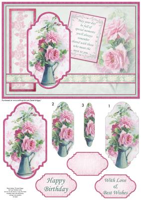 Vintage Jug of Pink Roses Card Topper & Pyramage