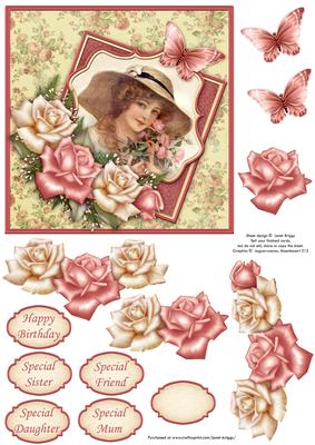 Vintage Lady in Hat & Pink Roses Decoupage
