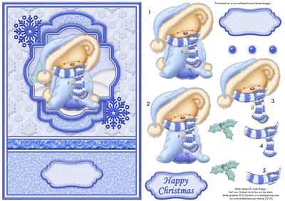 Christmas Snuggle Bear Blue A5 Card Topper & Decoupage