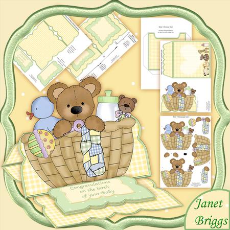New Baby Boy or Girl Bear Basket Easel Card Kit