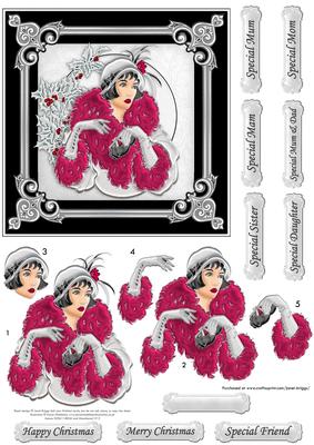 Art Deco Lady Christmas Square Black & Silver Decoupage