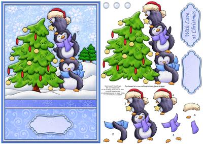 Penguin Fun Decorating Christmas Tree Card Topper Decoupage