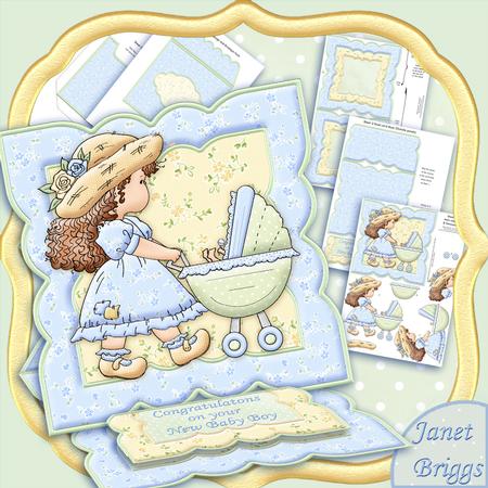 New Baby Boy Stroller Easel Card Kit with Decoupage