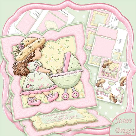 New Baby Girl Stroller Easel Card Kit with Decoupage