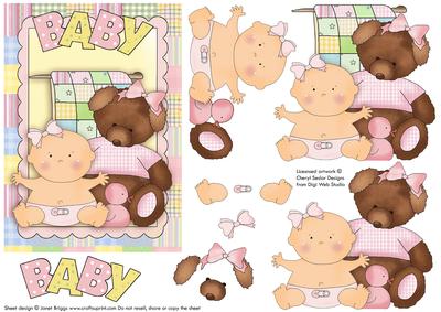 New Baby Girl & Tattered Teddy Topper & Decoupage