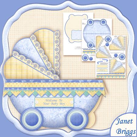 New Baby Boy Pram Shape Card 3 Sheet Mini Kit