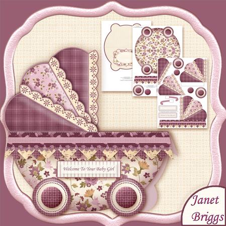 New Baby Girl Burgundy Pram Shape Card 3 Sheet Mini Kit