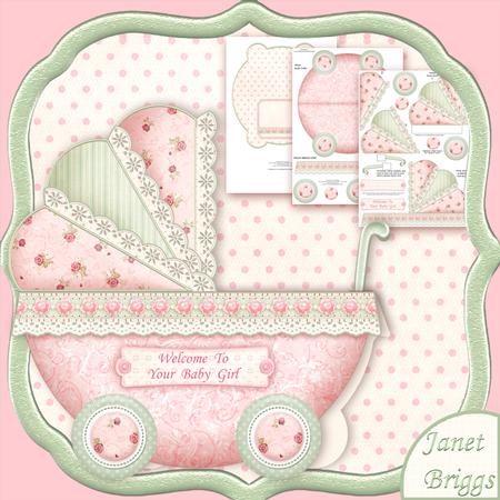 New Baby Girl Pink Pram Shape Card 3 Sheet Mini Kit