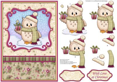 Ozzie Owl with Gift Christmas Card Topper & Decoupage