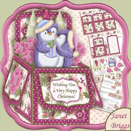 Christmas Kissing Penguins Pop Up Box Card 7.5"