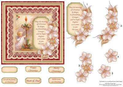 Christmas Floral Tag Angel & Candle Card Topper & Decoupage