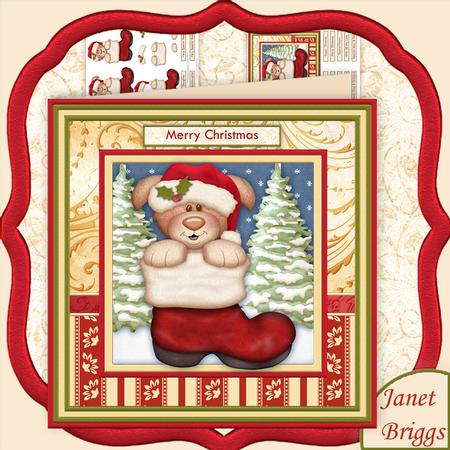 Pup in Santa Boot Christmas Card Mini Kit & Decoupage