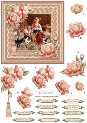 Vintage Farmyard Kittens & Roses Card Topper & Decoupage