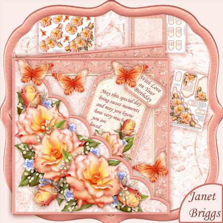 Square Scallop Pocket Peach Roses Mini Kit & Decoupage