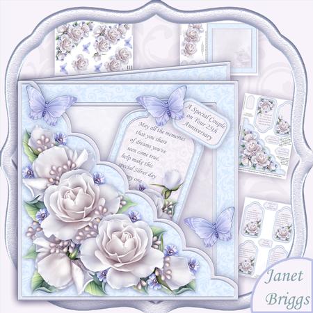 Square Scallop Pocket Silver Roses Wedding or Anniversary