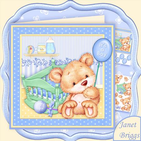 New Baby Boy Bear & Cradle 8x8 Decoupage Mini Kit