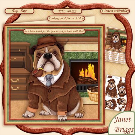 Wrinkly Old Detective Dog 8x8 Decoupage Mini Kit