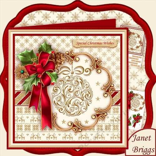 HOLLY RIBBON & Gold Bauble 8x8 Christmas Decoupage Mini Kit
