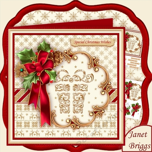 HOLLY RIBBON & Gold Gift 8x8 Christmas Decoupage Mini Kit