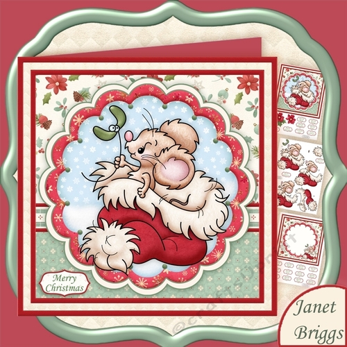 CHRISTMAS MOUSE IN SANTA HAT 8x8 Decoupage & Insert Mini Kit