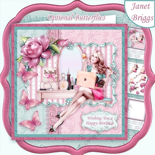 MORNING GIRL & LAPTOP 8x8 Female Birthday Decoupage & Insert Mini Kit
