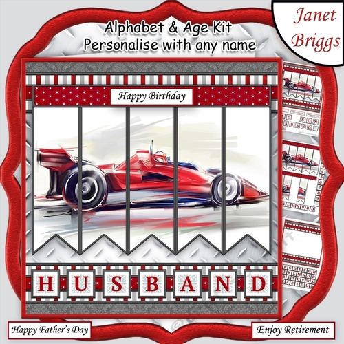 MOTOR RACING 7.5 Alphabet and Age Quick Card Kit Create Any Name